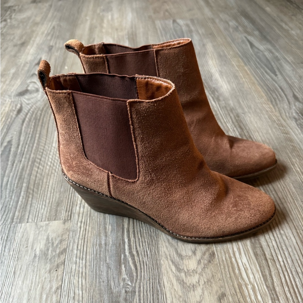 Women’s Lucky Brand Wedge Leather Suede Ankle Bootie Cocoa Brown size 10